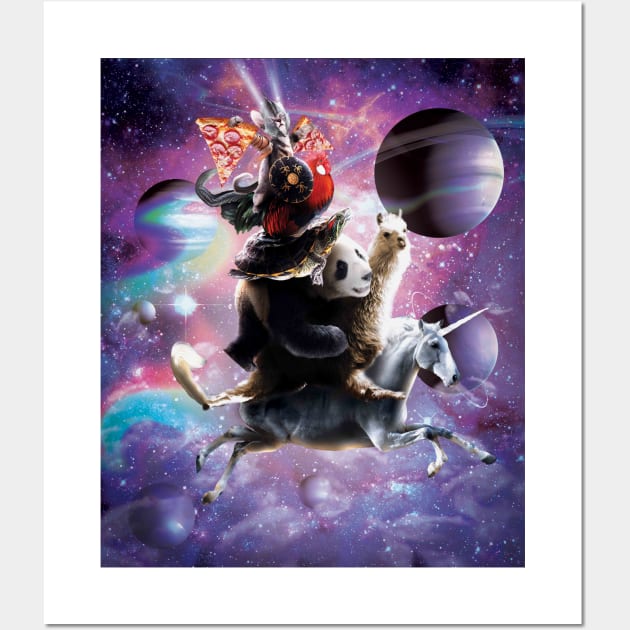 Cat Riding Chicken Turtle Panda Llama Unicorn Wall Art by Random Galaxy